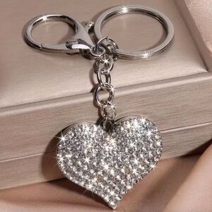 Silver Rhinestone Heart Keychain Bag Charm New